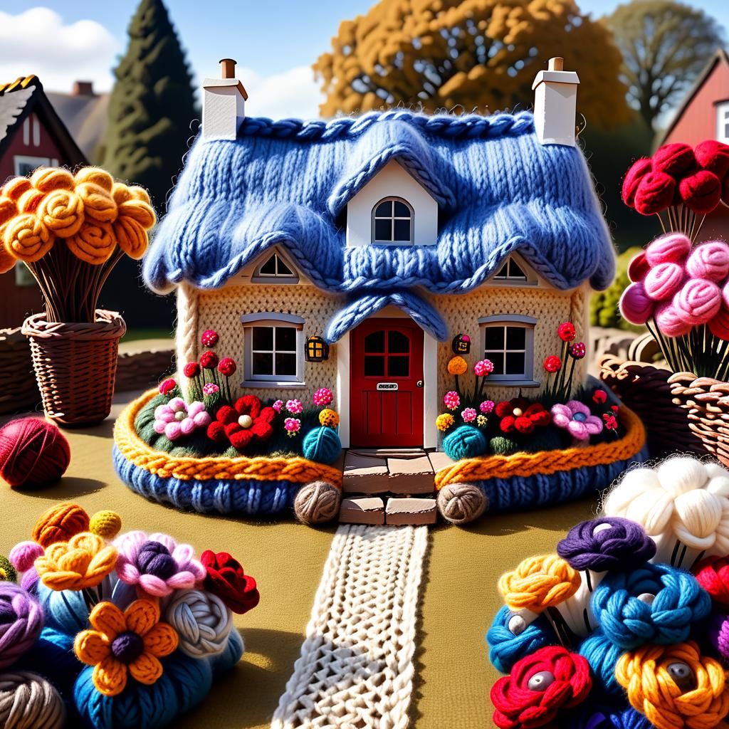 a country cottage made from wool, surrounded by knitted flow...