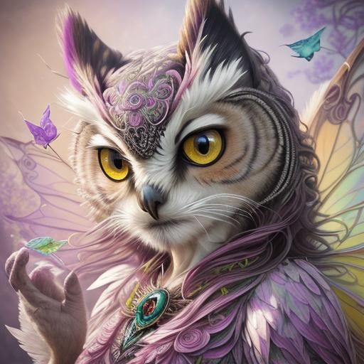Owl Portrait with Cat Eyes in Colorful Abstract Style