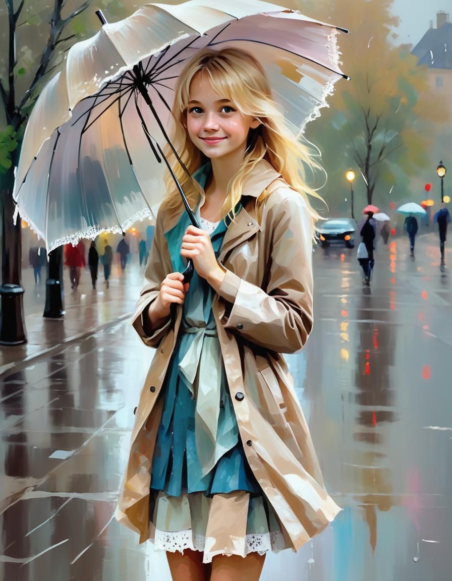 Impressionist Painting of Girl with Umbrella in Rain