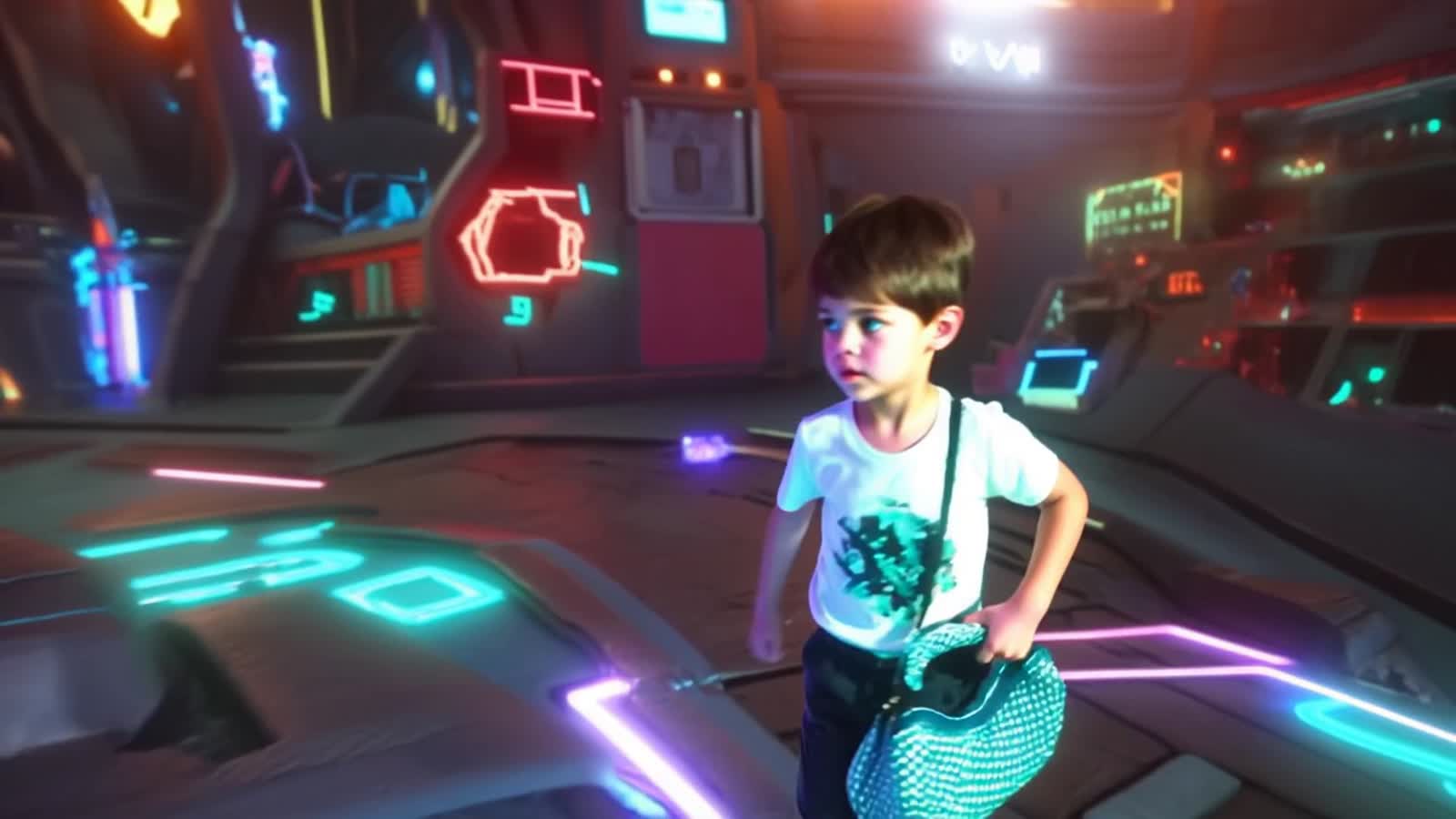 “A trippy, glitchcore sci-fi scene on a fragmented space outpost filled with neon decay, pixelated static, and digital d...