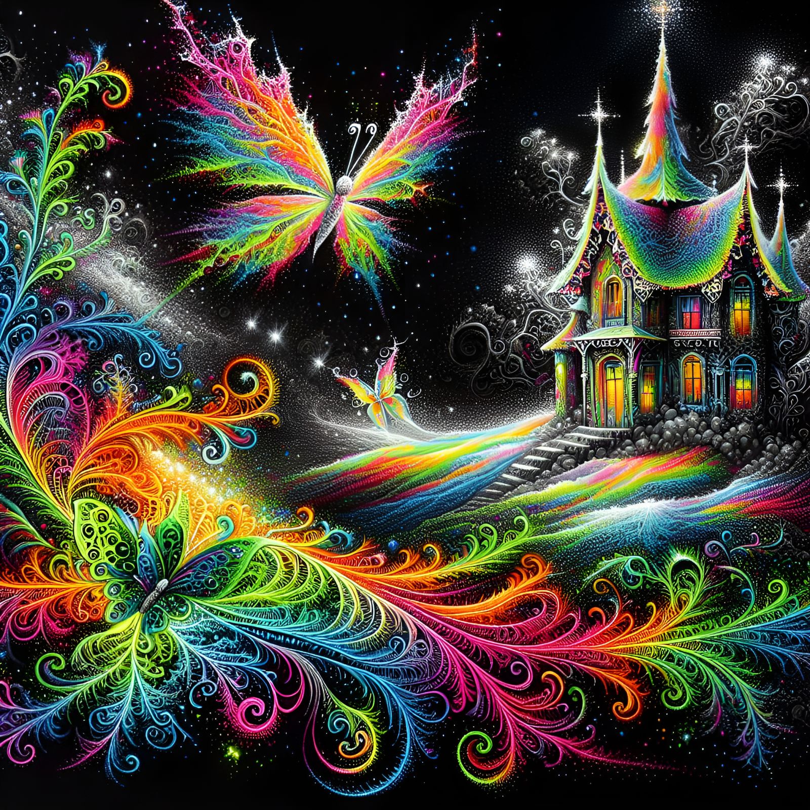 Prismatic neon painted on black velvet,  Fantasy fairy house...