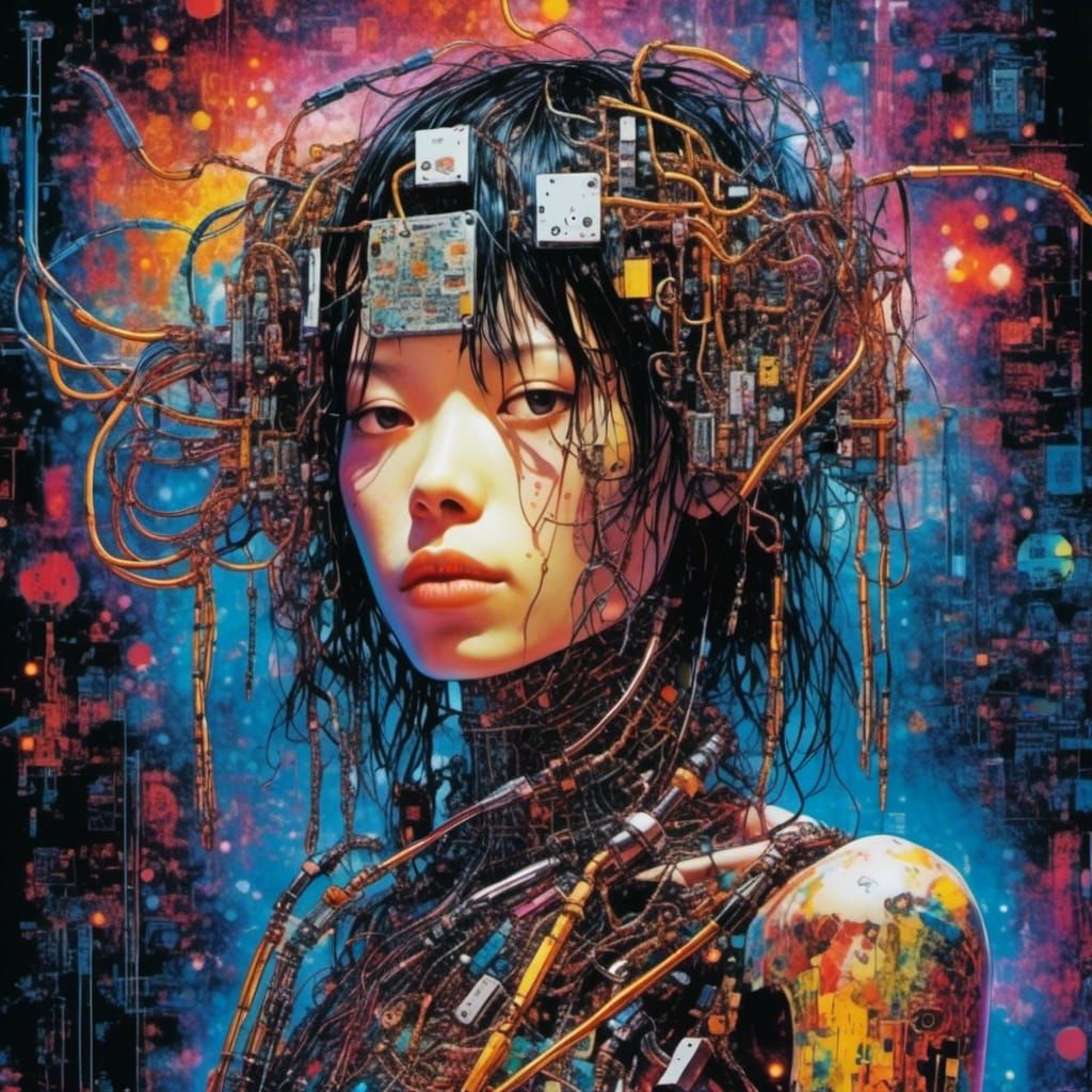 <lora:cMark:1.0> maximalism cyborg portrait, thin circuits, 