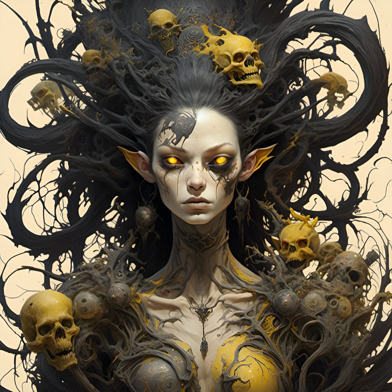 horrendously hideous night hag! <lora:LapiJourney:1.0> gaunt_and_bony female trolls! long night-black nails! sickening_skin_tone! tattoo-lik...