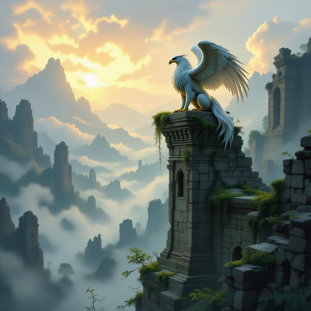 Majestic Griffin on Ruined Overlook in Golden Hour