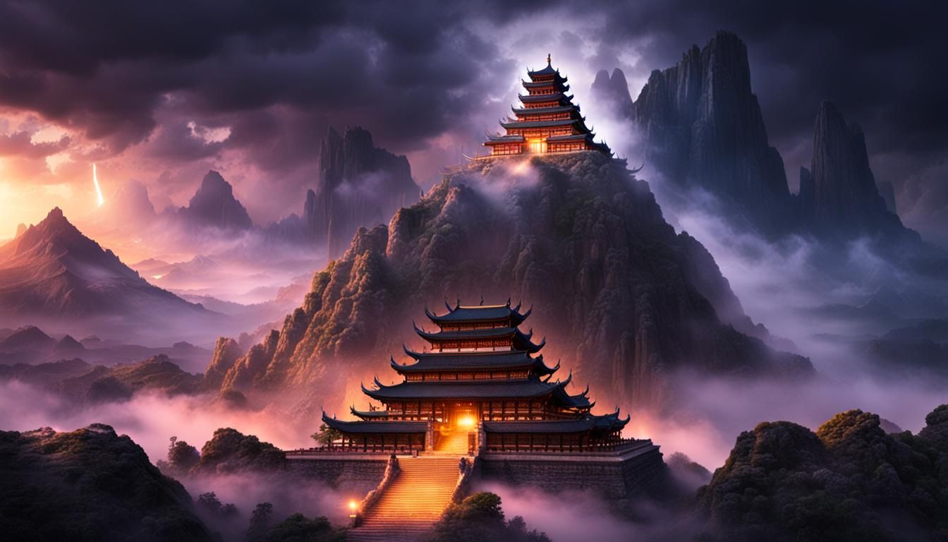 Ancient Chinese Temple on a giant mountain into the clouds - AI ...