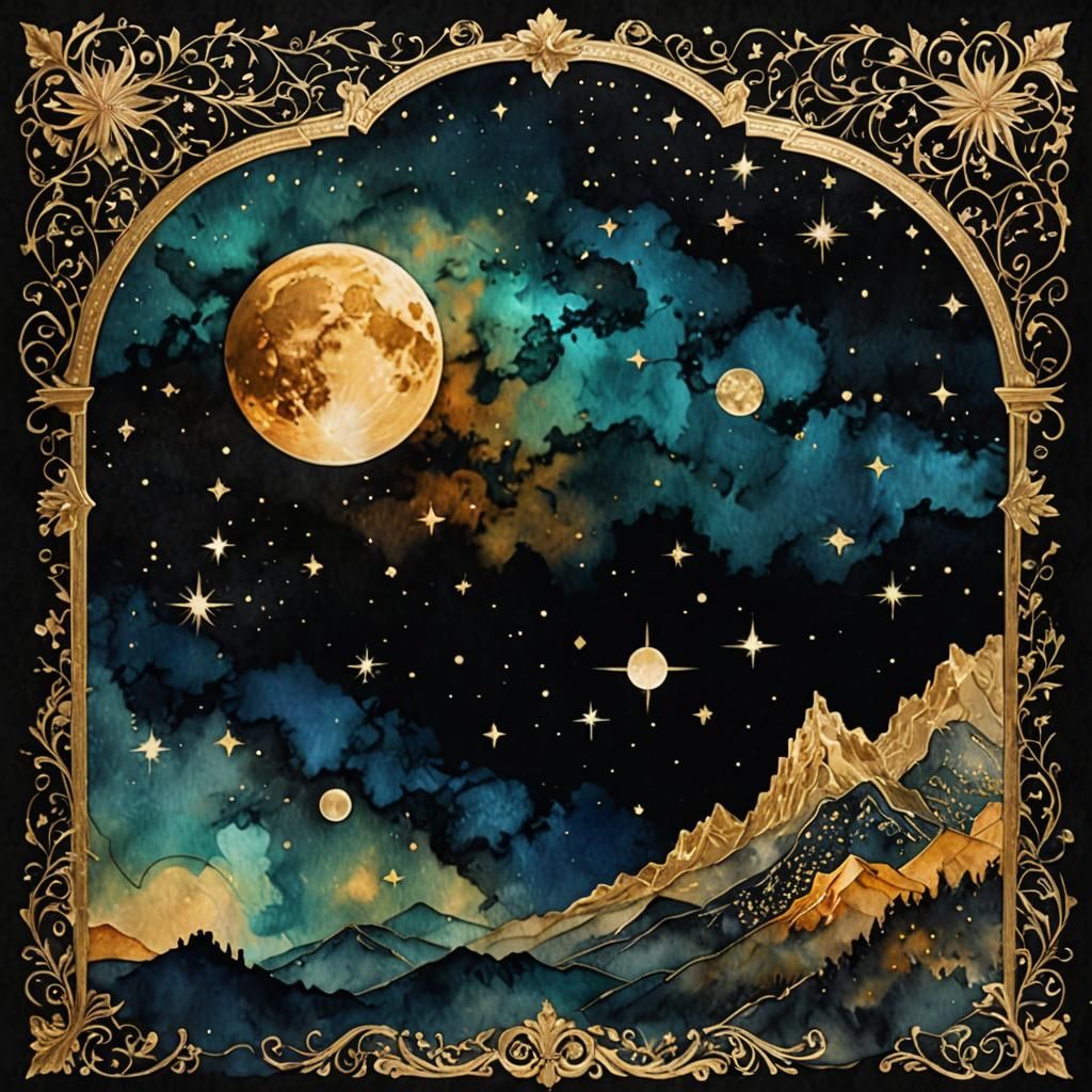Ethereal Cosmic Night Sky in Antique Mixed Media