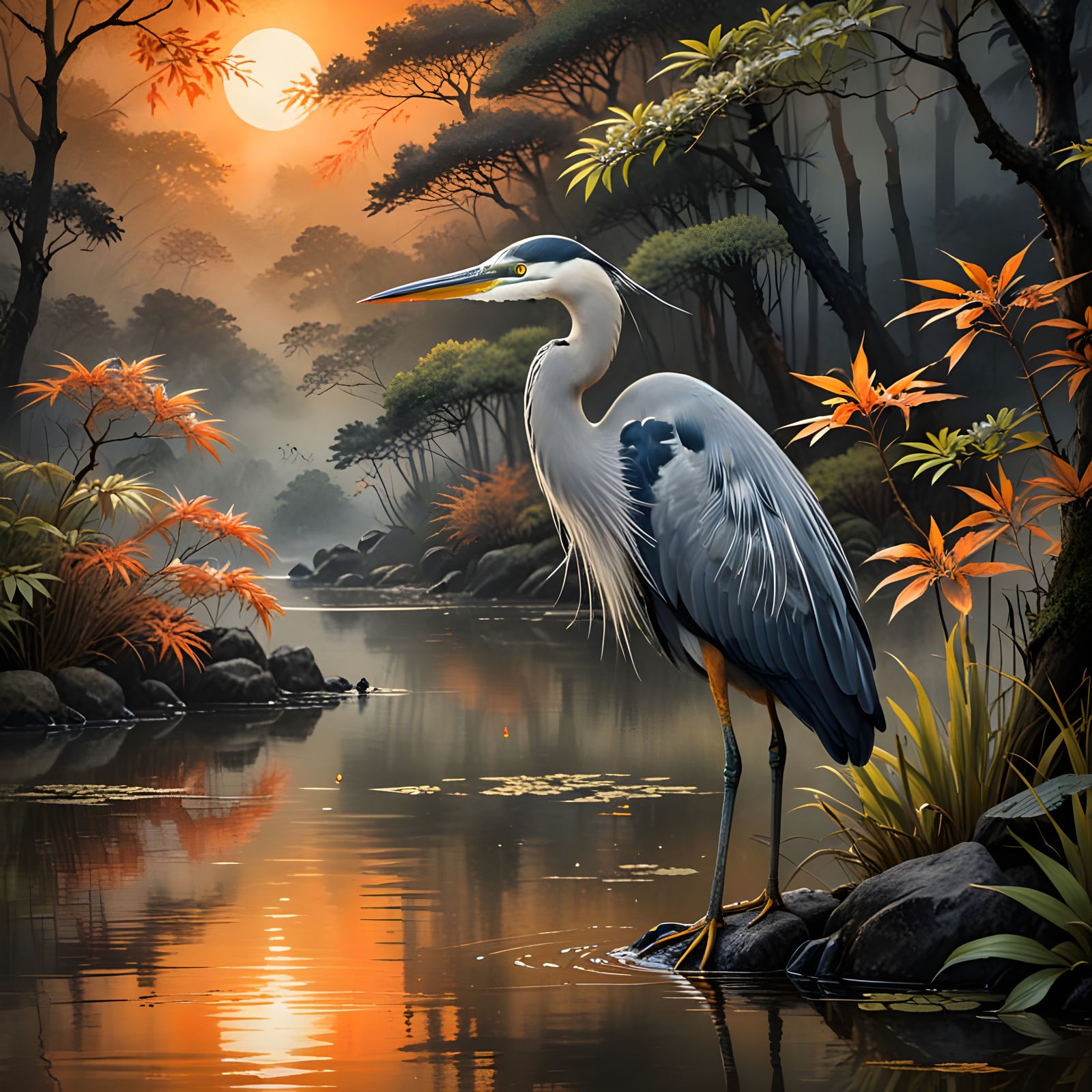 A Japanese Watercolor of A Heron.  by @Persian Digital Art