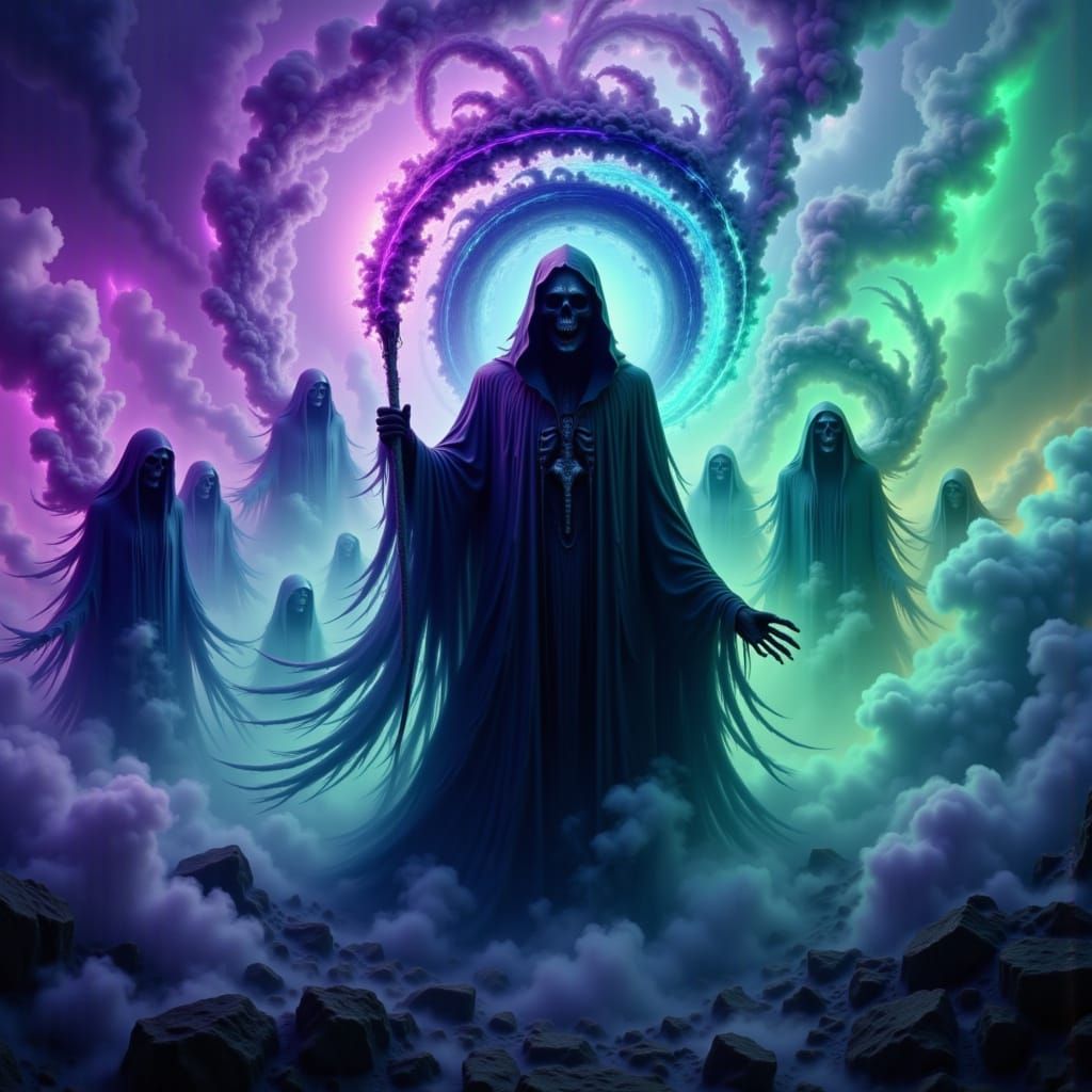 <lora:Reaper flux:1.0> A juxtaposition of a Grim reaper and souls. The souls are swirling around the Grim Reaper. Psychedelic effects