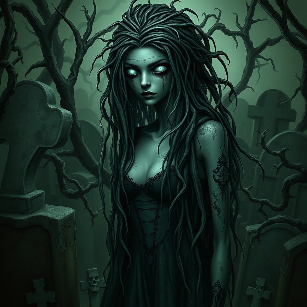 a grunge macabre female in a macabre setting, dark ghoul, glowing eyes ...
