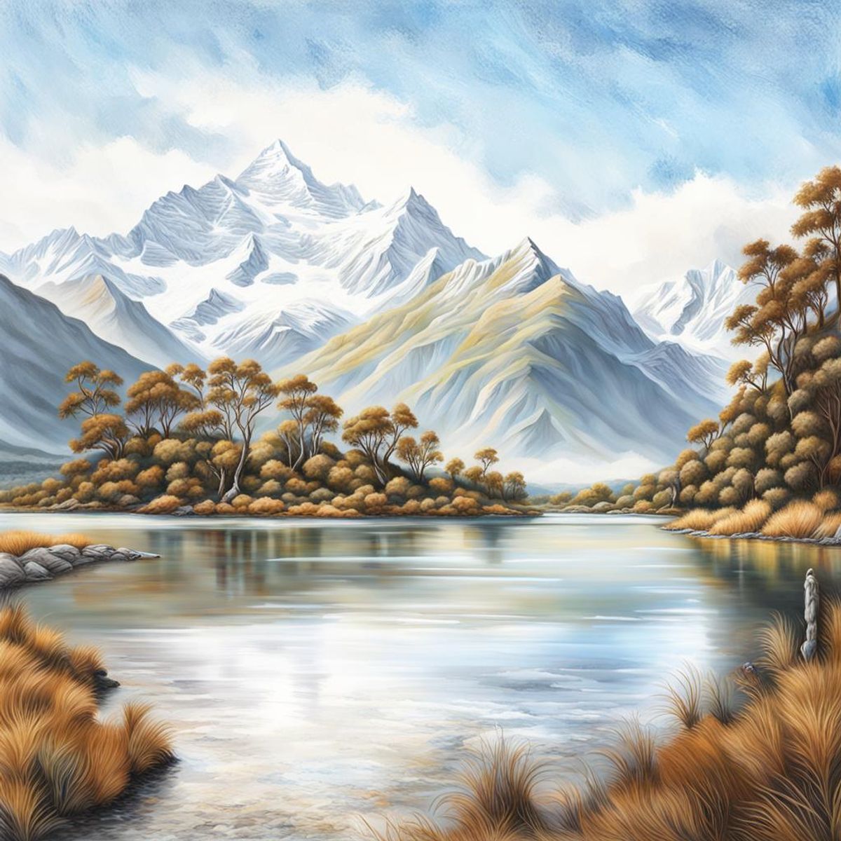 Oil painting olden style southern mountains NZ. - AI Generated Artwork ...