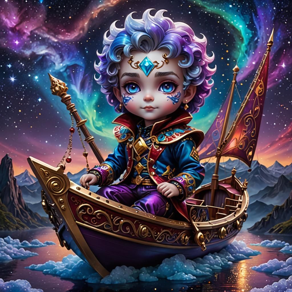 a chibi harlequin in wine-purple-blue-red-gold clothing and ...