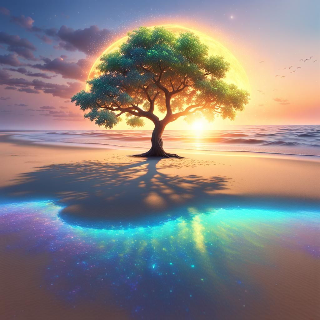 iridescent sunset on the beach, sand with glowing particles ...
