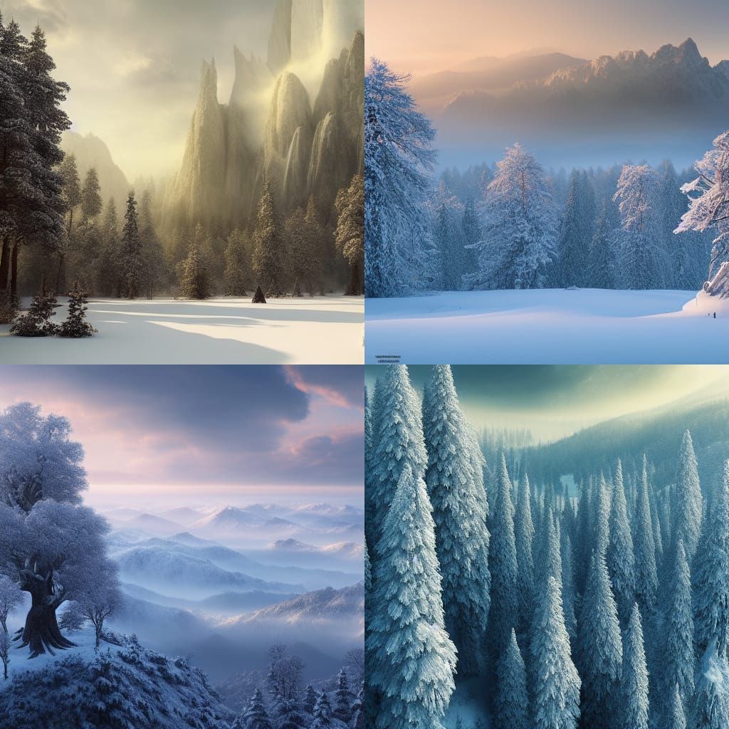 tall oak trees, high mountains covered with snow