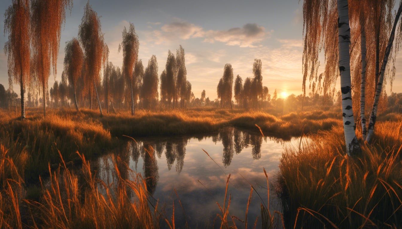 <lora:EpicLandscapes10:1.0> RAW Photo, ultra realistic, crisp, ultrasharp, a moor with reed grass, birch trees, golden hour, epic shot, 8K,...
