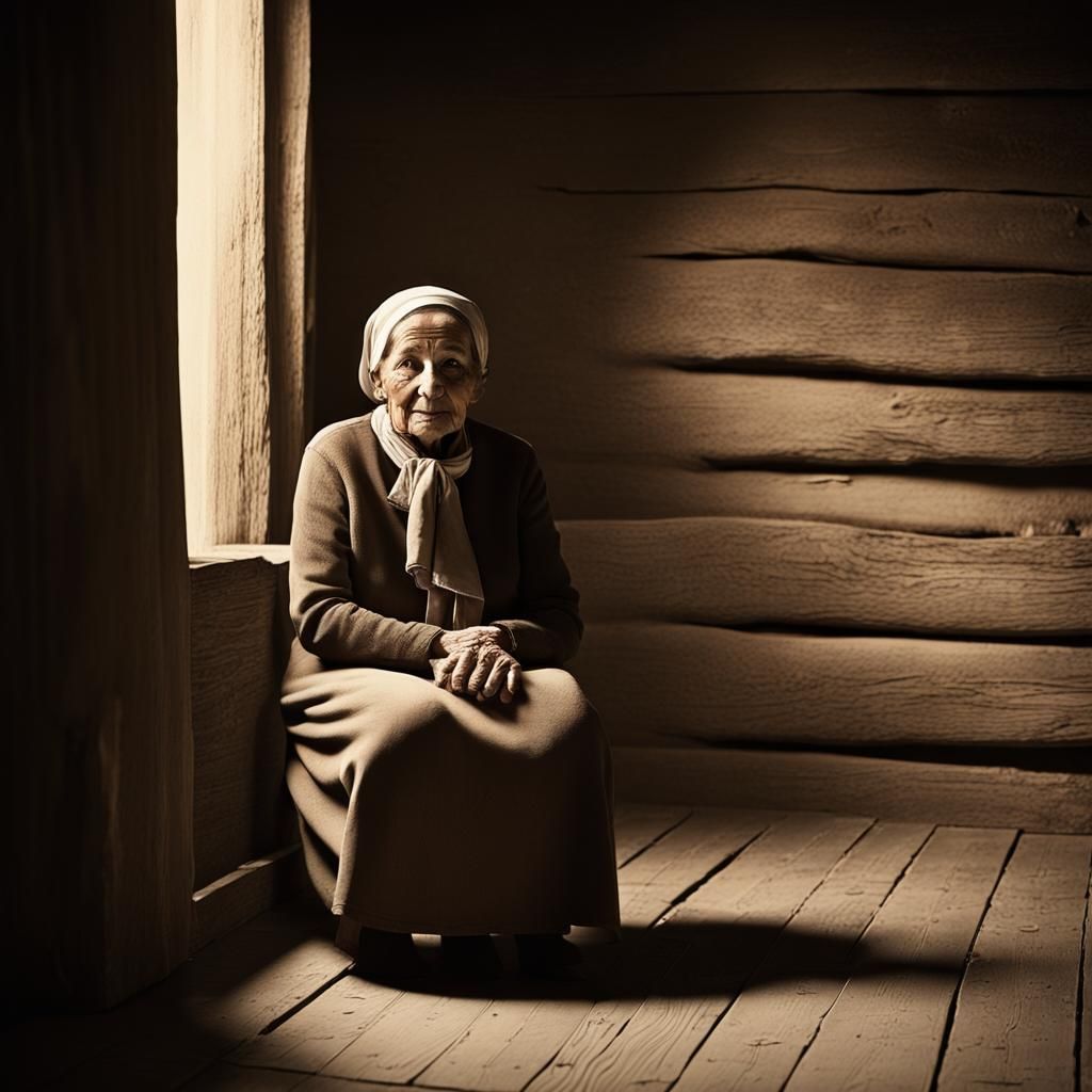 An elderly woman sits alone in a dimly lit, rustic interior....