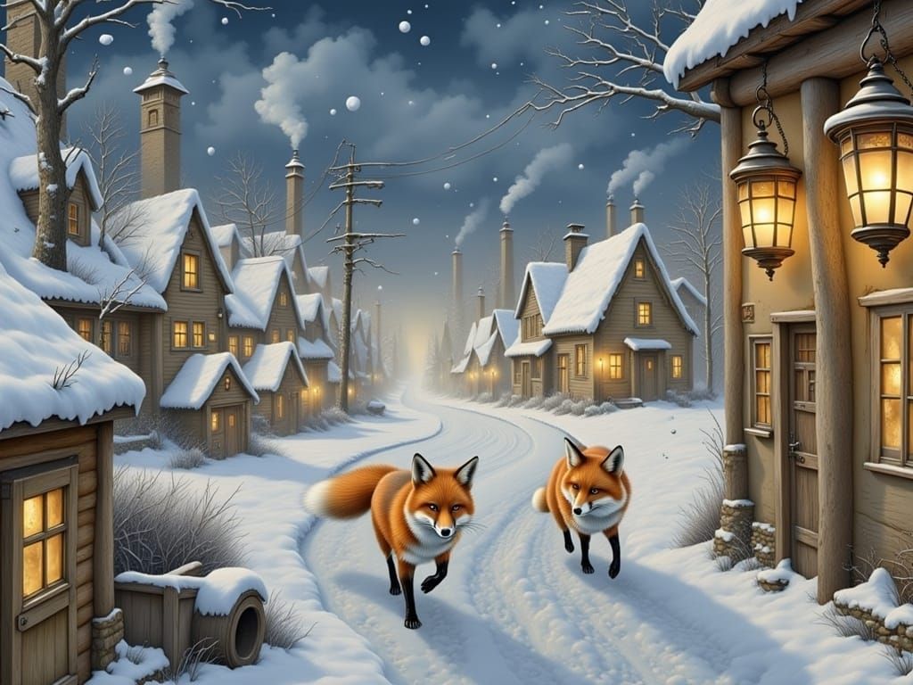 <lora:PandoraBox:1.0> fox winter village watercolor Mark Bro...