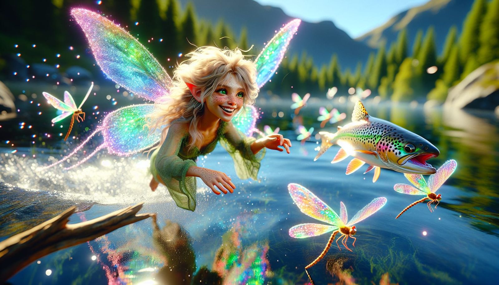 Aurora, Flying over a Lake, Playing Tag with her Friends