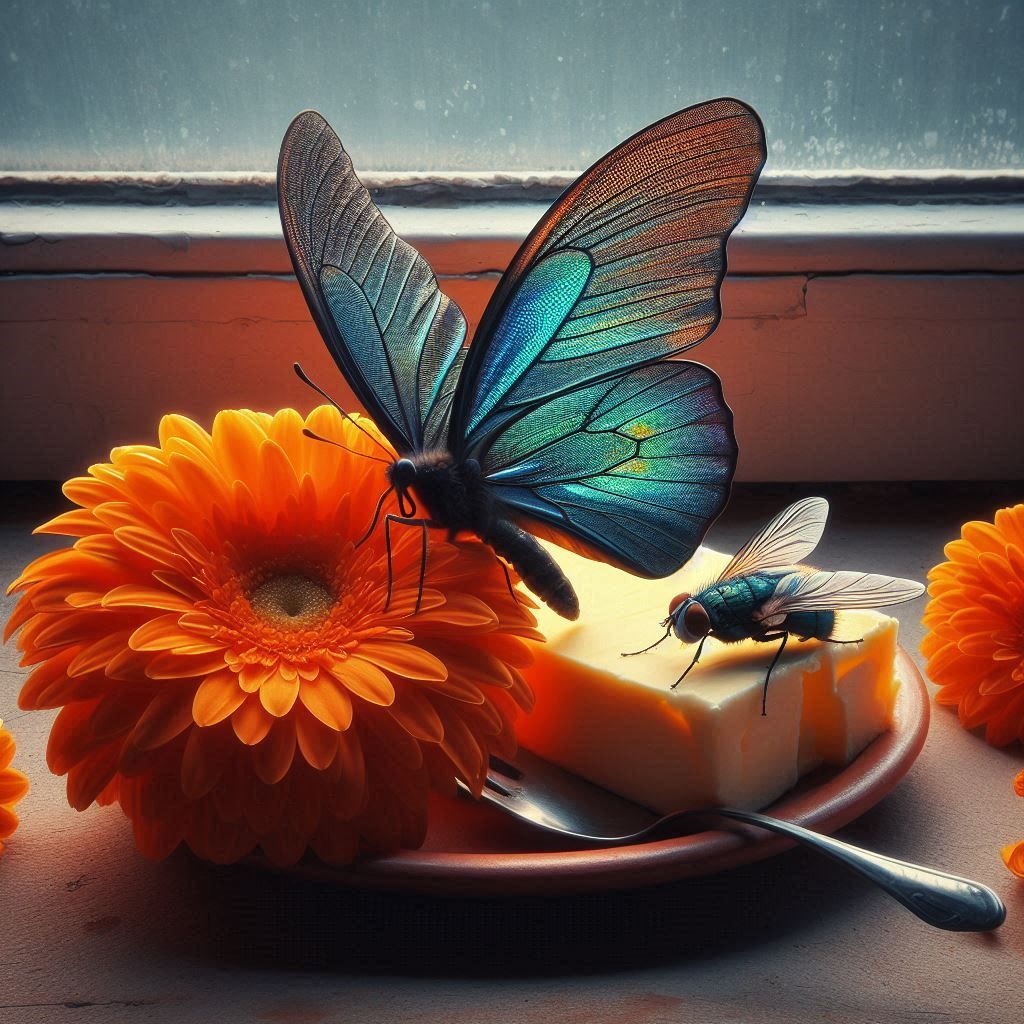 Still life with orange flower and butterflies