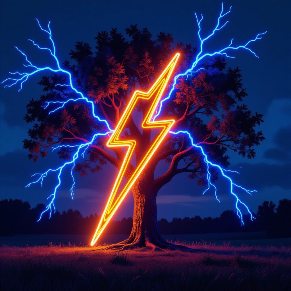 Neon Lightning Bolt Strikes Tree Sculpture
