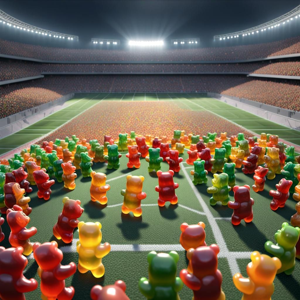 gummy bears playing football with gummy bears in the stadium...