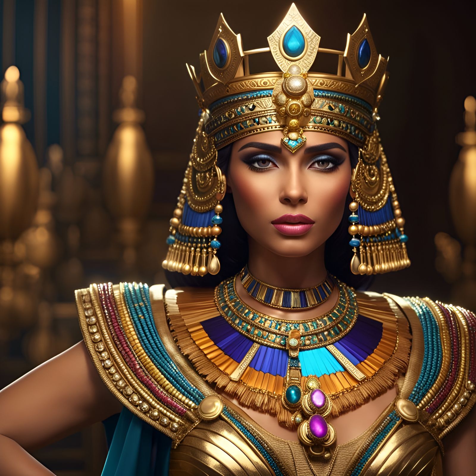 Beautiful adorable Queen Cleopatra with a colorful luxurious crown, Colorful Precious jewelry and Silver ...  by @Persian Digital Art