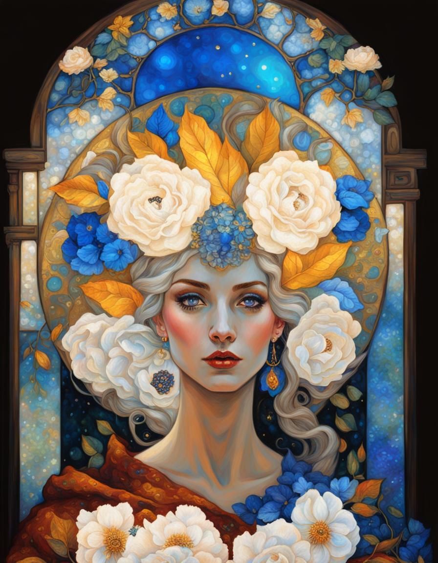 beautiful fantasy lady in Klimt style with big halo with flowers and ...