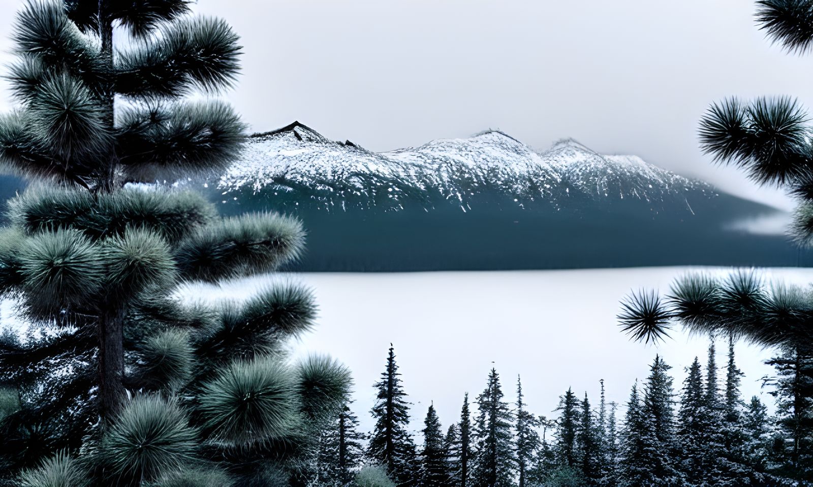 a dark pine forest entrapped in a diffuse white mist. In the...