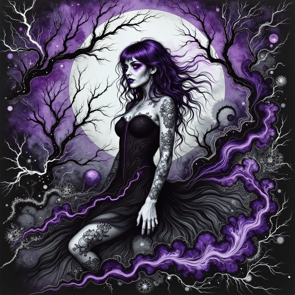 <lora:Alcoholic Inks:0.8> Beautiful goth woman with dark purple hair, wearing black makeup, a black dress, and black knee boots. Her body is...