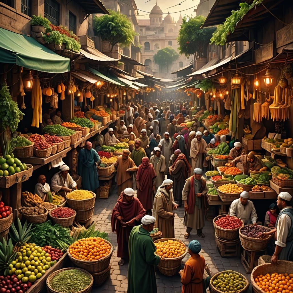 Vibrant Market Scene with Four Species