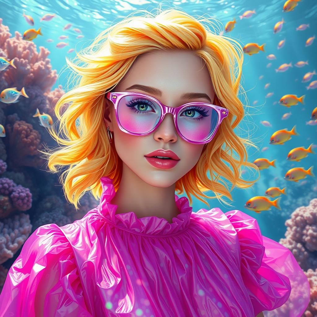 Woman in Bubblewrap Dress Underwater, Digital Painting