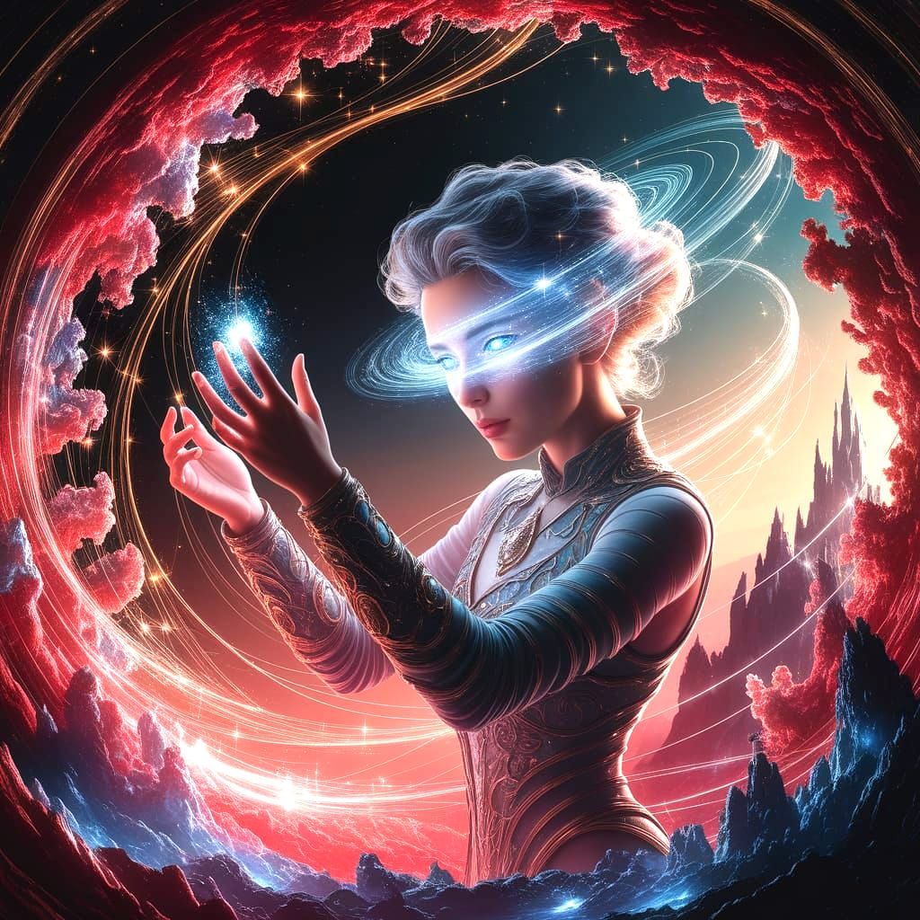 A cosmic architect with eyes like distant galaxies, designing impossible structures in the void. The architect's hands glow with celestial e...