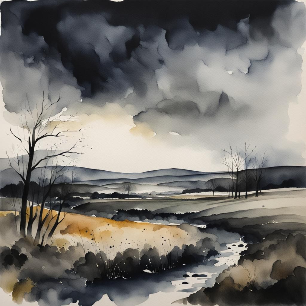 Watercolour of a dark and moody landscape epitomising the em...