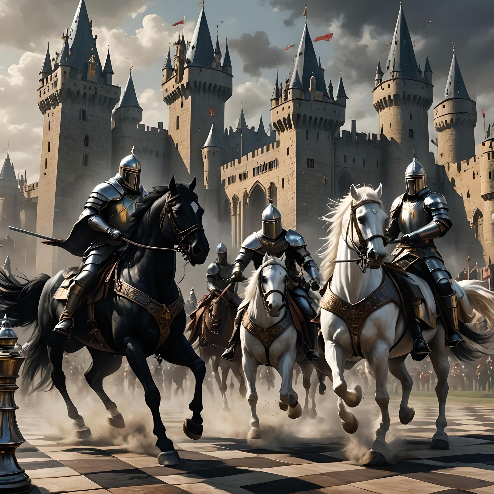 Two Templar Knights facing off, one black knight  - AI Art