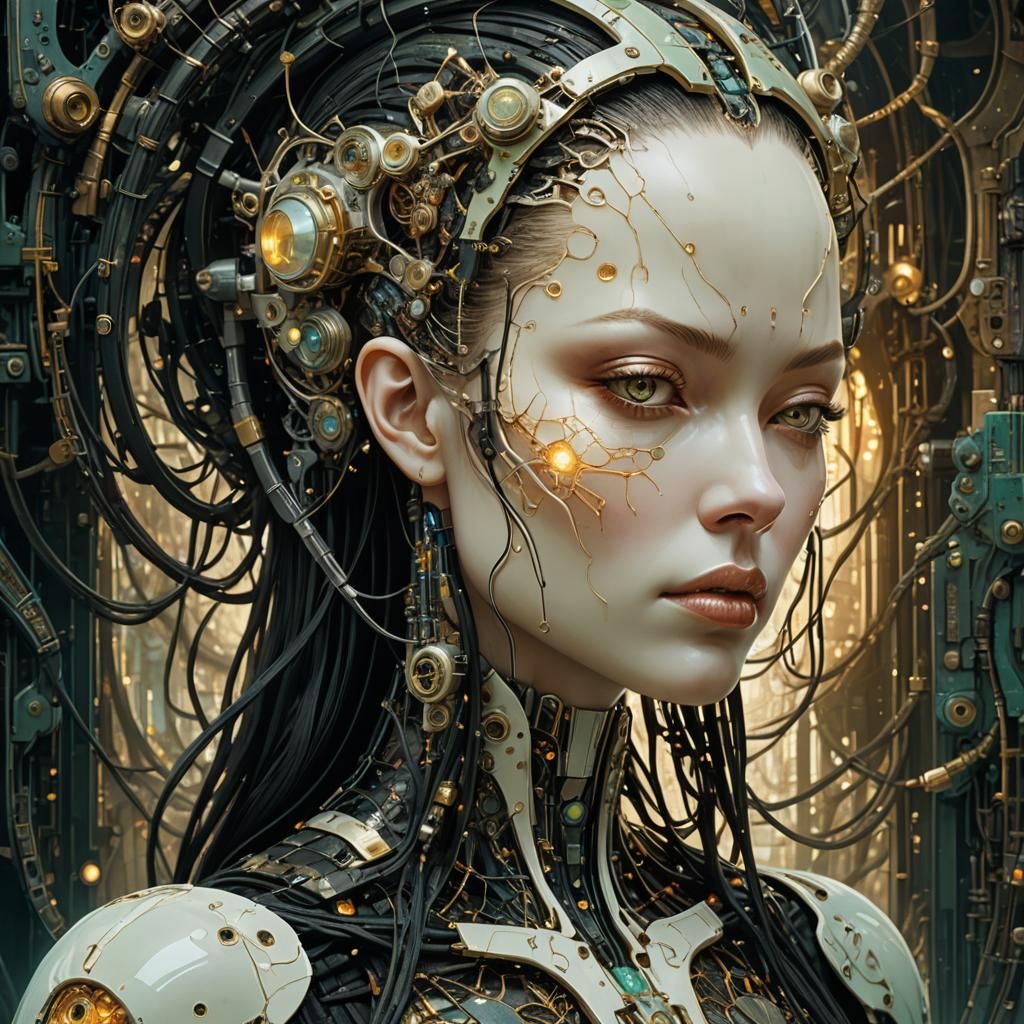 The artwork is a detailed, portrait of a cyberpunk neuronet ...