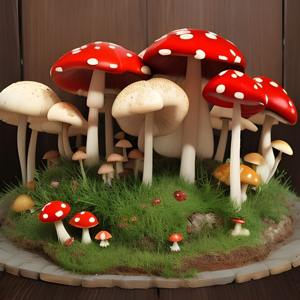 Mushroom Forest Scene with Rabbit