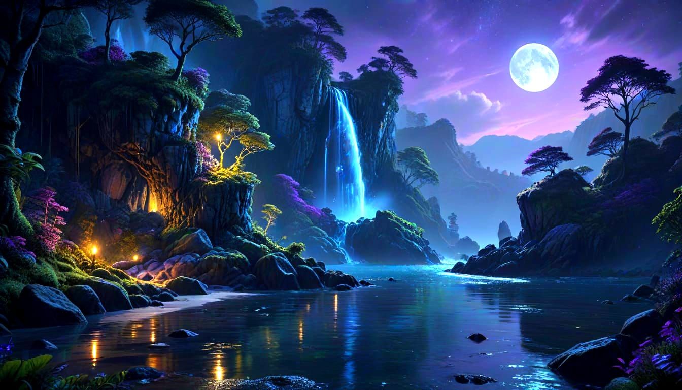 a breathtaking landscape depicting a hidden cove, by the ocean, at night, bathed in the soft glow of ...  by @The Carlyle