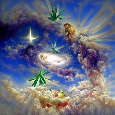 A celestial scene of Heaven but God is a huge bud of cannabi...