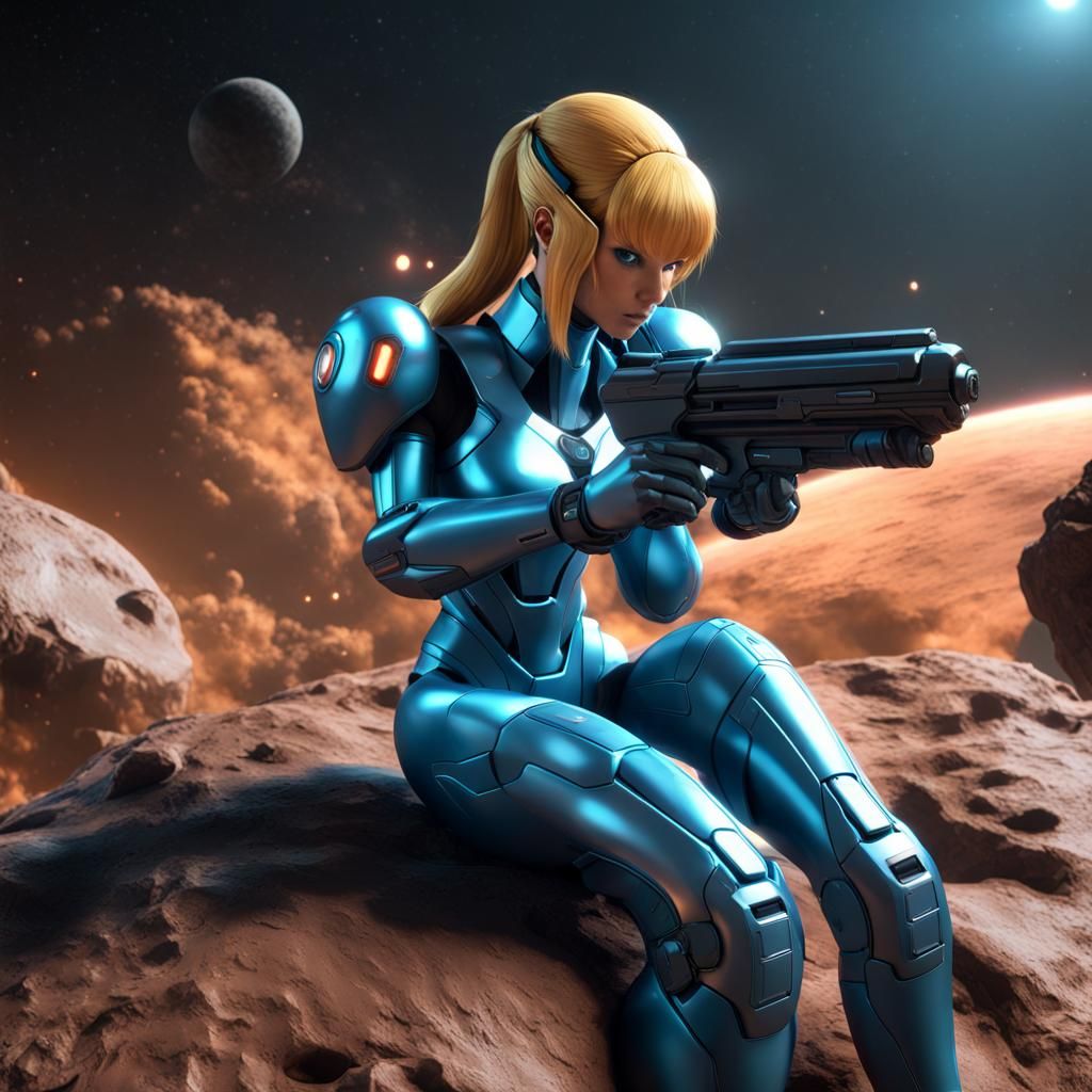 Samus, wearing the Zero Suit, holding a space gun, sitting on an asteroid -  AI Generated Artwork - NightCafe Creator