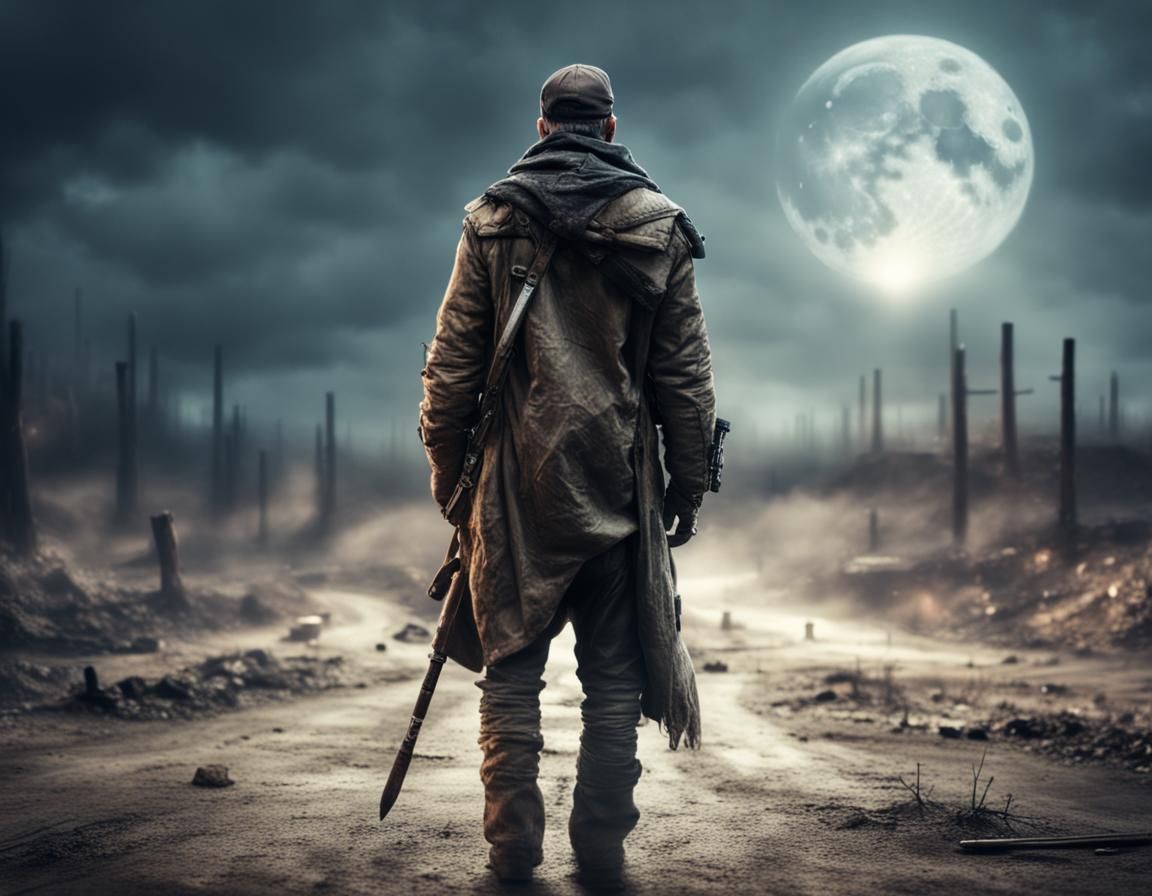 a lonely man, post apocalyptic blurred background, 8k resolution, highly detailed, bookeh , in the style ...  by @Funverhau