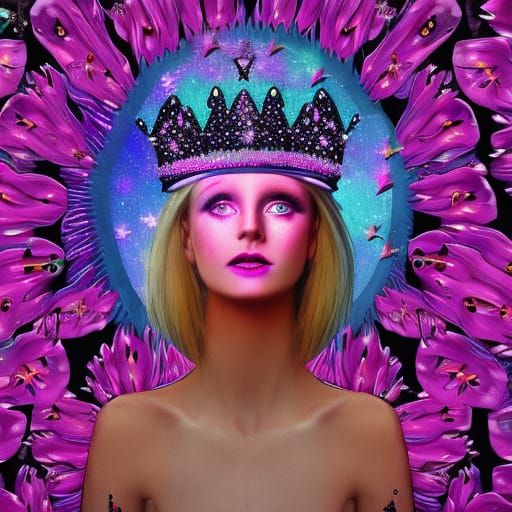 Blonde woman with pink and black eyeshadow in a purple dress...