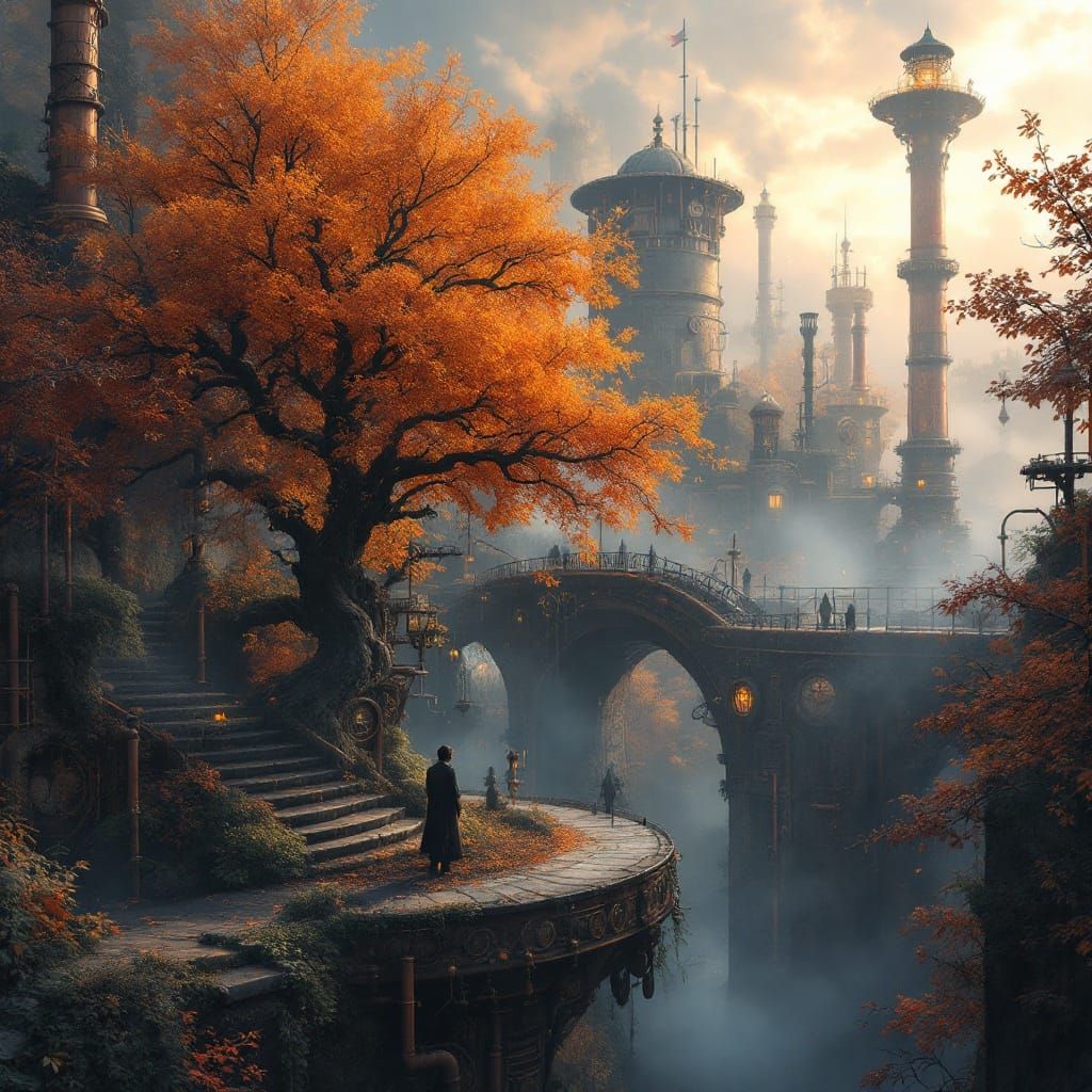 autumn trees turning color, set in a mythical town with stea...