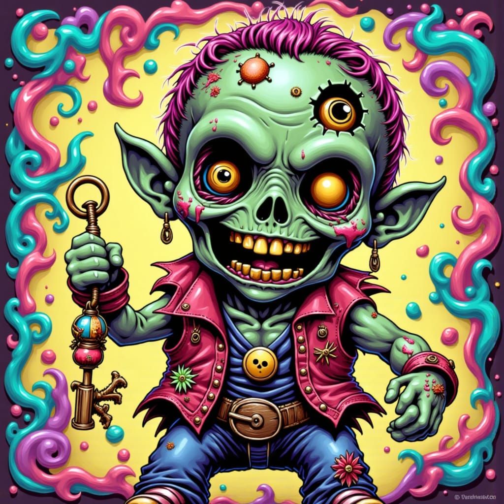 A cute zombie toy, wind up, key in back, holding chimes. Colorful, playful, cute. <lora:Zombies1:1.0> <lora:Bubble Charm:1.0>