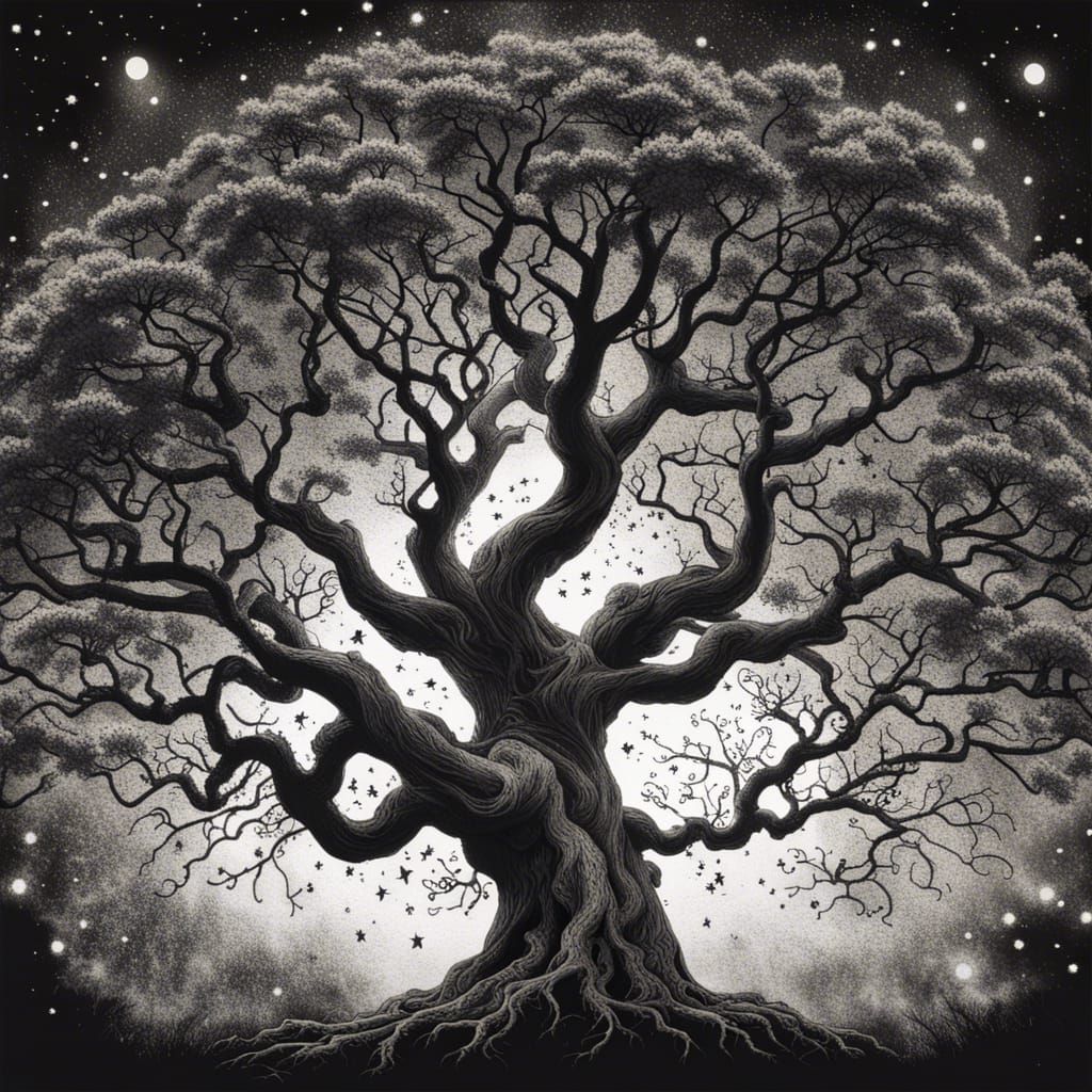 Majestic tree shrouded in moonlight