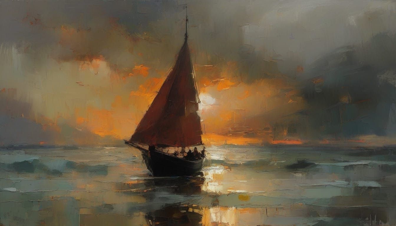 Dark Sailboat Sets Sail into Fiery Sunset in Ominous Acrylic...