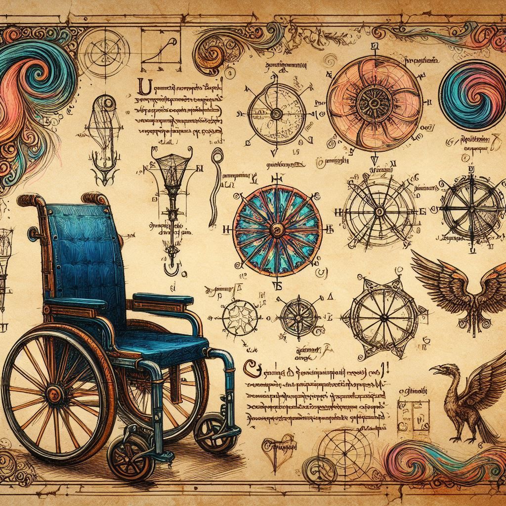 Designs for a magical wheelchair in the style of Leonardo da Vinci