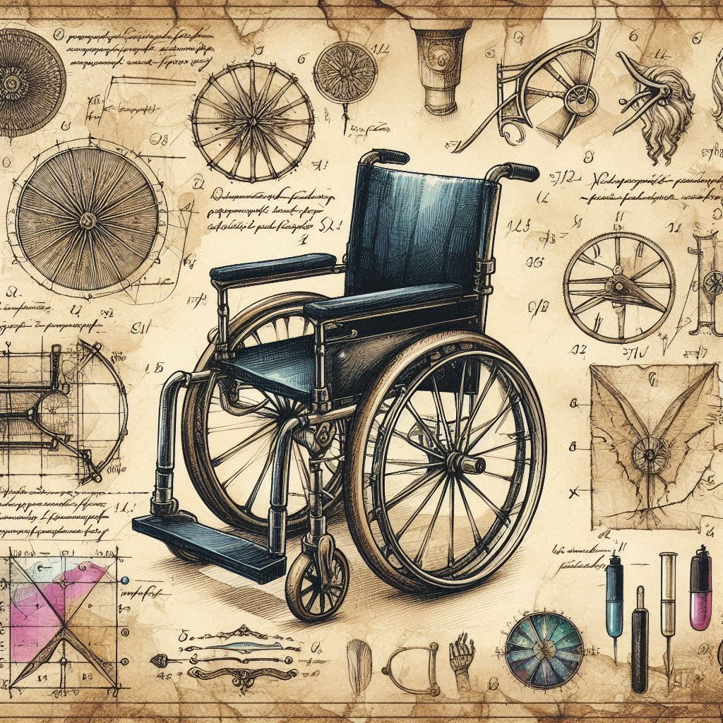 Designs for a magical wheelchair in the style of Leonardo da Vinci