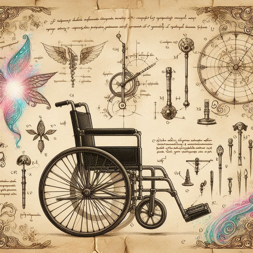 Designs for a magical wheelchair in the style of Leonardo da...