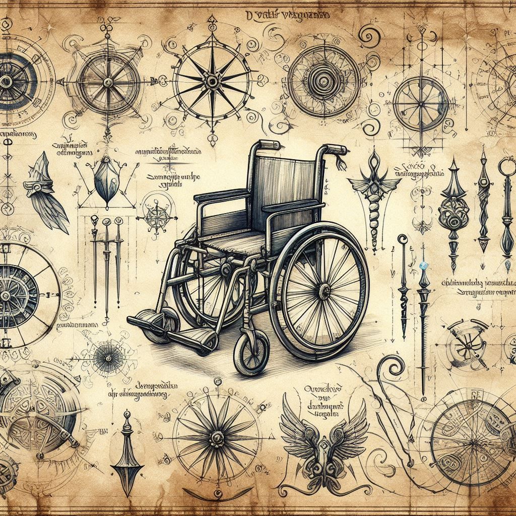 Designs for a magical wheelchair in the style of Leonardo da...