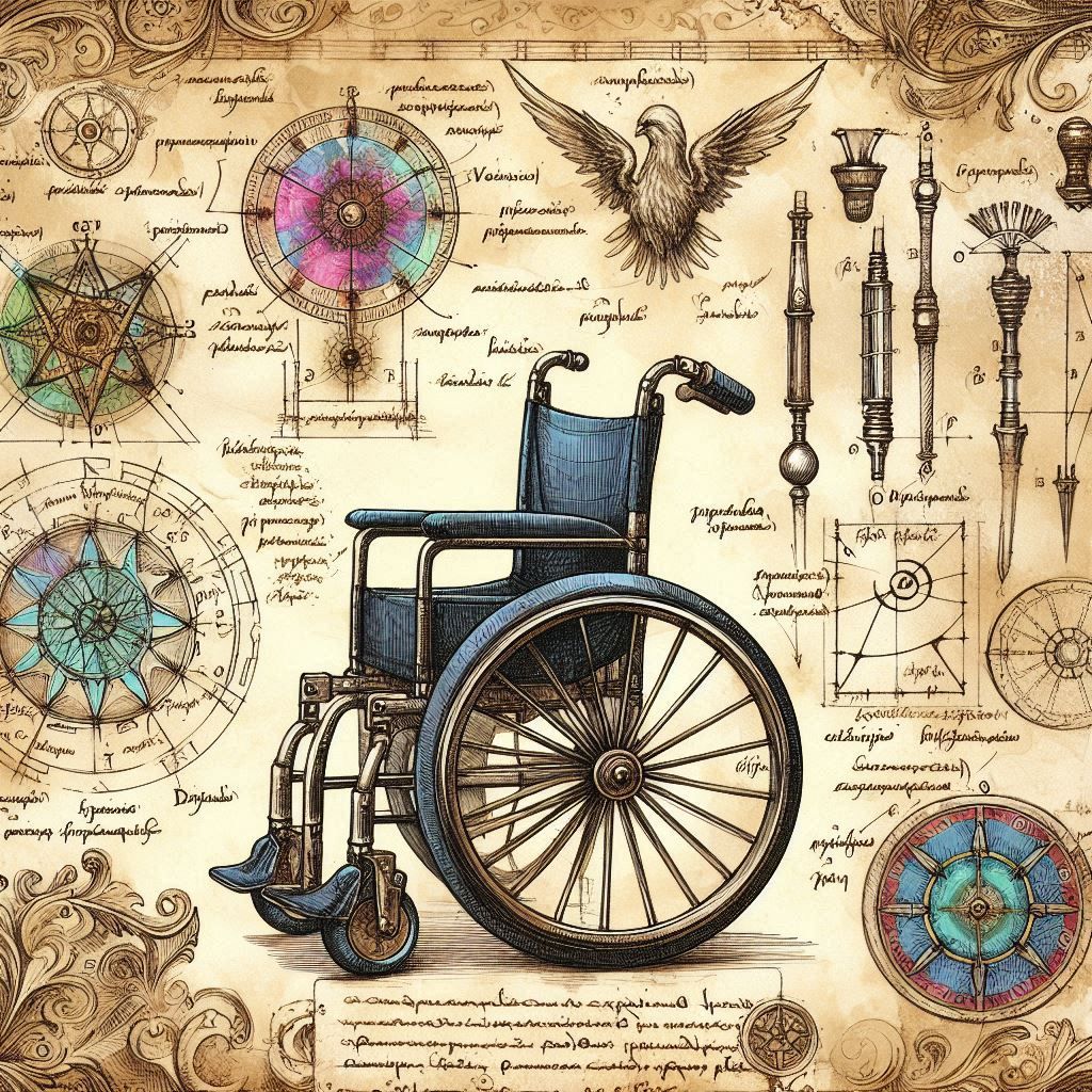 Designs for a magical wheelchair in the style of Leonardo da...