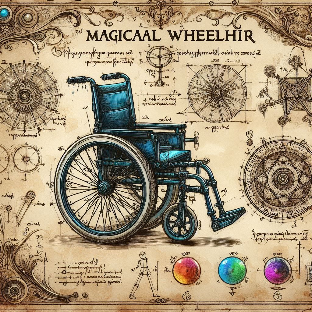 Designs for a magical wheelchair in the style of Leonardo da...
